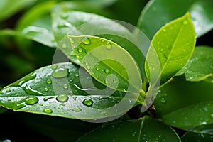 Natures touch Water on green leaf background, refreshing and serene