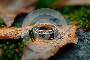Natures touch wedding ring nestled among dry leaves photo