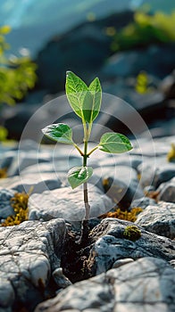 Natures triumph Sprouting plant amidst stones signifies resilience and vitality