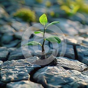 Natures triumph Sprouting plant amidst stones signifies resilience and vitality