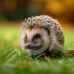 Natures visitor Hedgehog inquisitively wanders on a vibrant green lawn