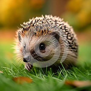 Natures visitor Hedgehog inquisitively wanders on a vibrant green lawn