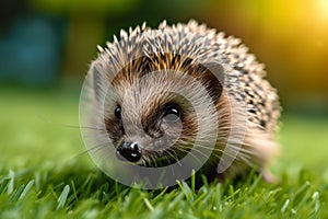 Natures visitor Hedgehog inquisitively wanders on a vibrant green lawn