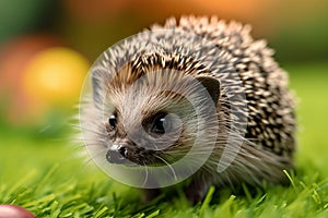 Natures visitor Hedgehog inquisitively wanders on a vibrant green lawn