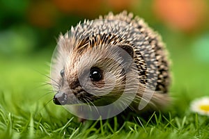 Natures visitor Hedgehog inquisitively wanders on a vibrant green lawn