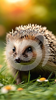 Natures visitor Hedgehog inquisitively wanders on a vibrant green lawn