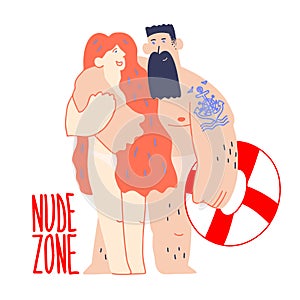 Naturist beach. Nude zone. Resort for nudists community. Couple without swimwear. Naked people relaxing on sea in summer photo