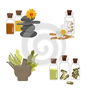 Naturopathy, aromateraphy, herbal alternative medicine design concept or logo icons set, naturopathic therapy isolated