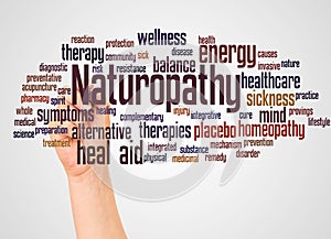 Naturopathy word cloud and hand with marker concept photo