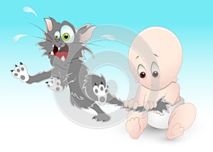 Naughty Baby with Pet Cat