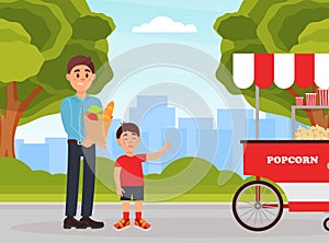 Naughty boy demanding popcorn from his dad while they walking in park. Parenting problems cartoon vector