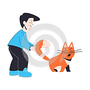 Naughty Boy Pull Cat Tail Have Bad Behaviour Vector Illustration