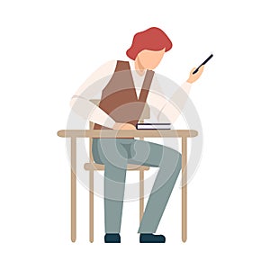 Naughty Boy Sitting At School Desk Holiding Smartphone During Lesson Vector Illustration