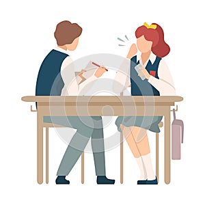 Naughty Boy Sitting At School Desk and Talking with His Neighbour Vector Illustration