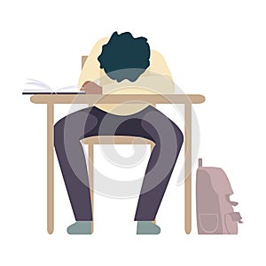 Naughty Boy Sleeping At School Resting His Head on Desk During Lesson Vector Illustration