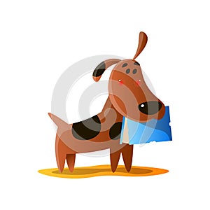 Naughty brown cartoon dog carrying book in mouth isolated on white background