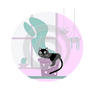 Naughty cat at home. Cat climbs into a plant pot. Disobedient cat. Doodle on white background.