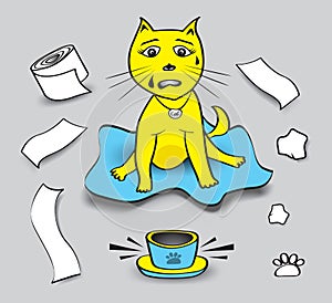 naughty cat vector illustration, cat play toilet paper, pet animal bowls without food, Cat cartoon Mascot