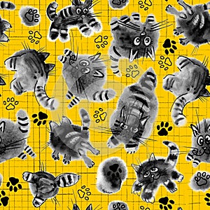 Naughty funny kittens, Seamless pattern for fabric, stationery, notebooks, gray watercolor kittens play on a yellow background