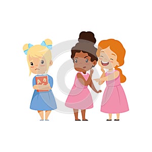 Naughty girls mocking another, bad behavior, conflict between kids, mockery and bullying at school vector Illustration