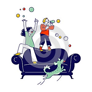 Naughty Hyperactive Children Characters Little Girl and Boy Playing at Home, Blow Soap Bubbles and Jumping on Sofa