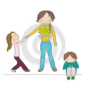 Naughty jealous little girl fighting mother`s attention