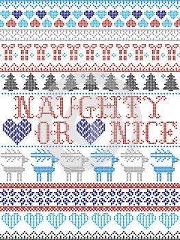 Naughty or Nice Christmas  pattern with Scandinavian Nordic festive winter pattern in cross stitch with heart, snowflake