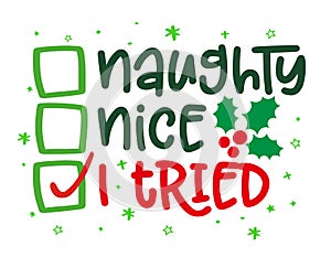 Naughty, nice, I tried - Funny calligraphy phrase for Christmas.