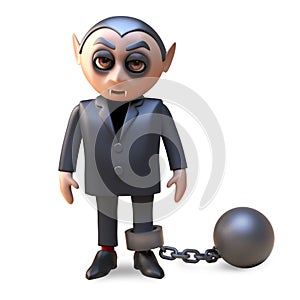 Naughty vampire dracula has been punished and made to wear a ball and chain, 3d illustration