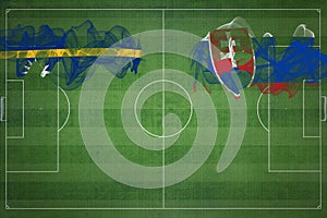 Nauru vs slovensko fotbalový zápas, národní barvy, státní vlajky, fotbalové hřiště, fotbalový zápas, kopírování vesmíru