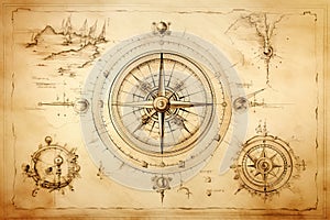 Nautcal compass and vintage map sketch drawing. Exploration, navigation and sailing concept. Poster design. Generative Ai