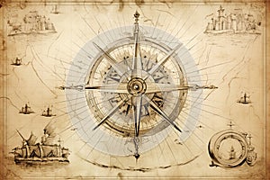 Nautcal compass and vintage map sketch drawing. Exploration, navigation and sailing concept. Poster design. Generative Ai