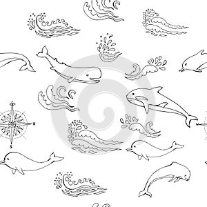 Nautica seamless pattern with sea animals and waves