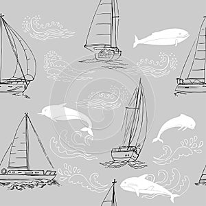 Nautica seamless pattern with ships, yachts, sea animals, dolphin and sea knots. Hand drawn elements for summer holidays