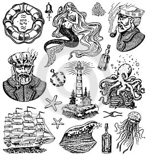 Nautical adventure set. Sea lighthouse, mermaid and marine captain, octopus and shipping sail, old sailor, ocean waves