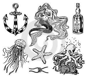 Nautical adventure set. Sea mermaid, anchor and marine captain, octopus and shipping sail, old sailor, ocean waves
