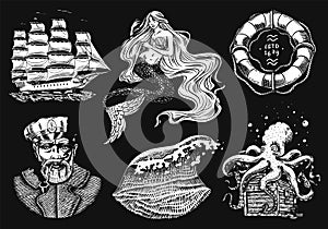 Nautical adventure set. Sea mermaid and marine captain, octopus and shipping sail, old sailor, ocean waves, seaman and