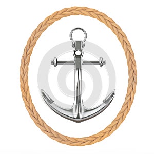 Nautical Anchor with Circular Rope Frame. 3d Rendering