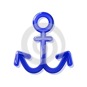 Nautical Anchor glossy 3d blue, rounded plastic realistic toy. Modern decor vector isolated icon. Ship equipment illustration for