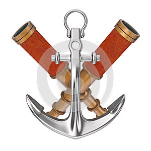 Nautical Anchor with Golden Vintage Telescope Spyglasses. 3d Rendering