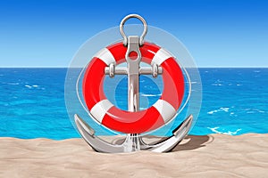 Nautical Anchor with Lifebuoy on the Sand Sunny Beach. 3d Render