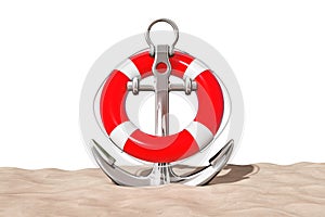 Nautical Anchor with Lifebuoy on the Sand Sunny Beach. 3d Render