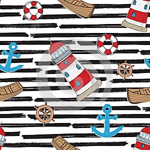 Nautical, Anchor and Lighthouse Seamless Pattern Vector Illustration.