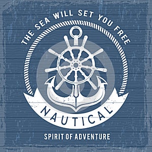 Nautical anchor poster. Ocean marina navy symbols at boat or ship for retro sailor placard. Vintage sea pirates vector