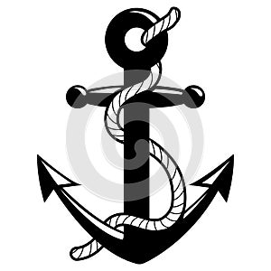 Nautical anchor with rope. Anchor vector icon. Nautical maritime sea logo. Vector black and white illustration.