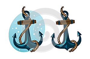 Nautical anchor with rope. Cartoon vector illustration