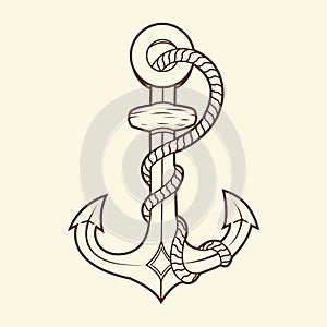 Nautical anchor with rope isolated on beige background. Brown outlines.