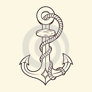 Nautical anchor with rope isolated on beige background. Brown outlines. photo
