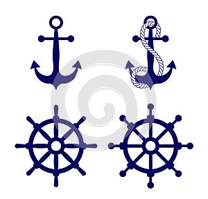 Nautical anchor with rope, ship steering wheel icon. Blue sea helm, captain rudder objects for marine design. Sailor symbol.
