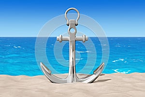 Nautical Anchor on the Sand Sunny Beach. 3d Rendering